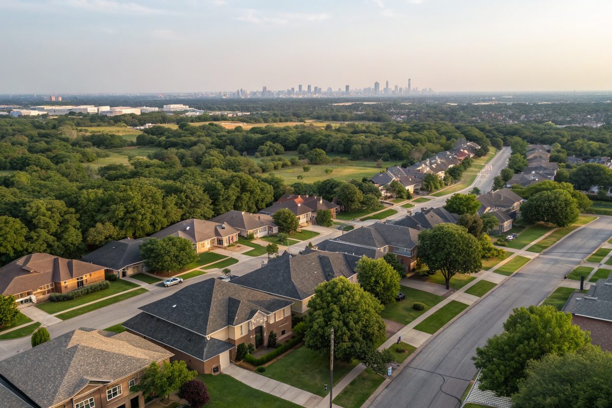 Aerial view of a flat North Texas suburb of shingle-roofed brick homes with a city skyline in the haze