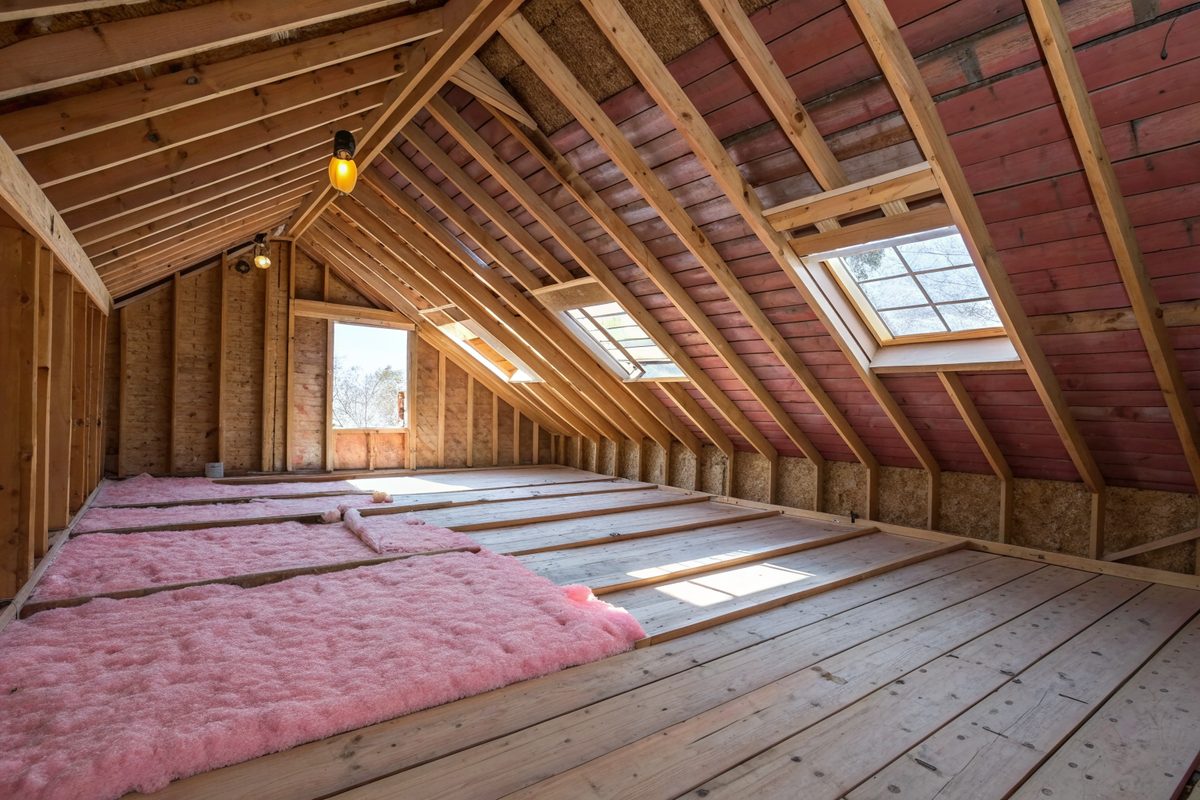 An attic with wood rafters, roof decking, insulation and daylight from the vents