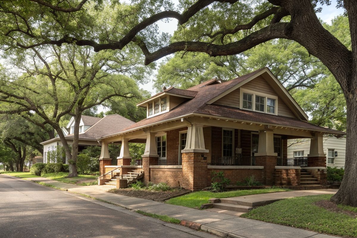 A Craftsman bungalow with tapered porch columns on brick piers under big shade trees