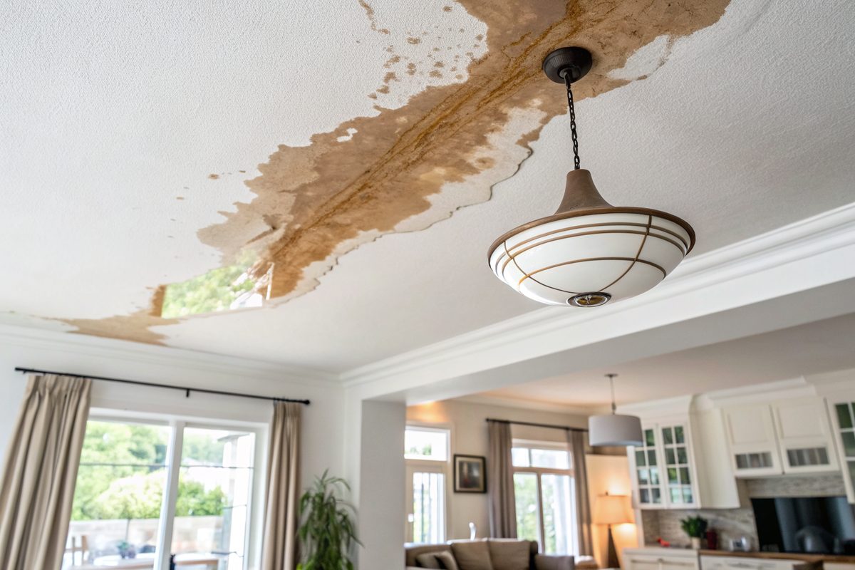 A brown water stain spreading across a living room ceiling around a light fixture