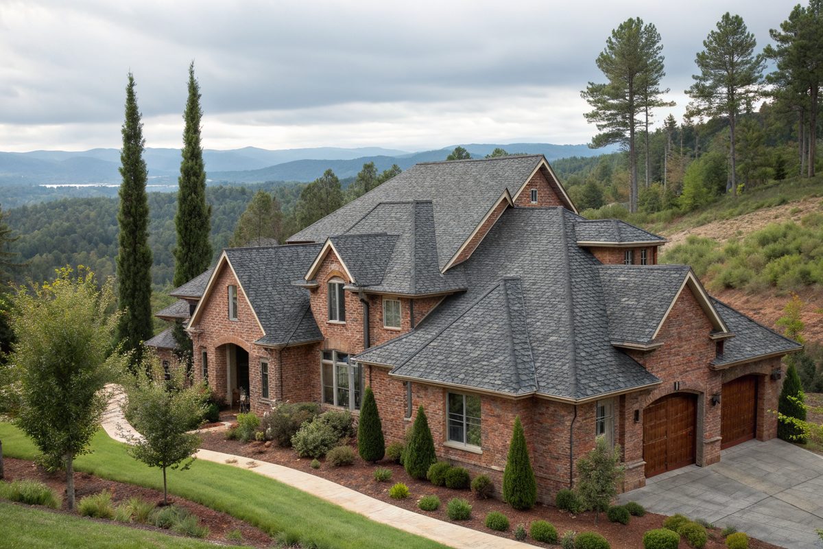 A large two-story brick home with many hips, gables and valleys on a wooded hillside lot