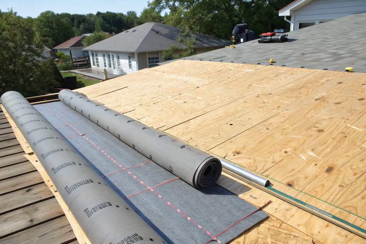 A roof stripped to plywood decking with new synthetic underlayment being rolled out