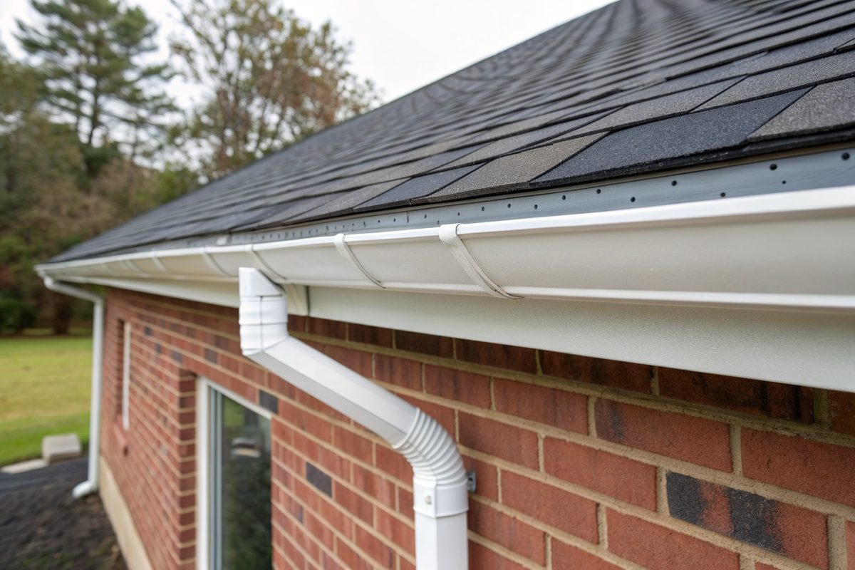 A roof edge with new metal drip edge, dark shingles and a white gutter on a brick house