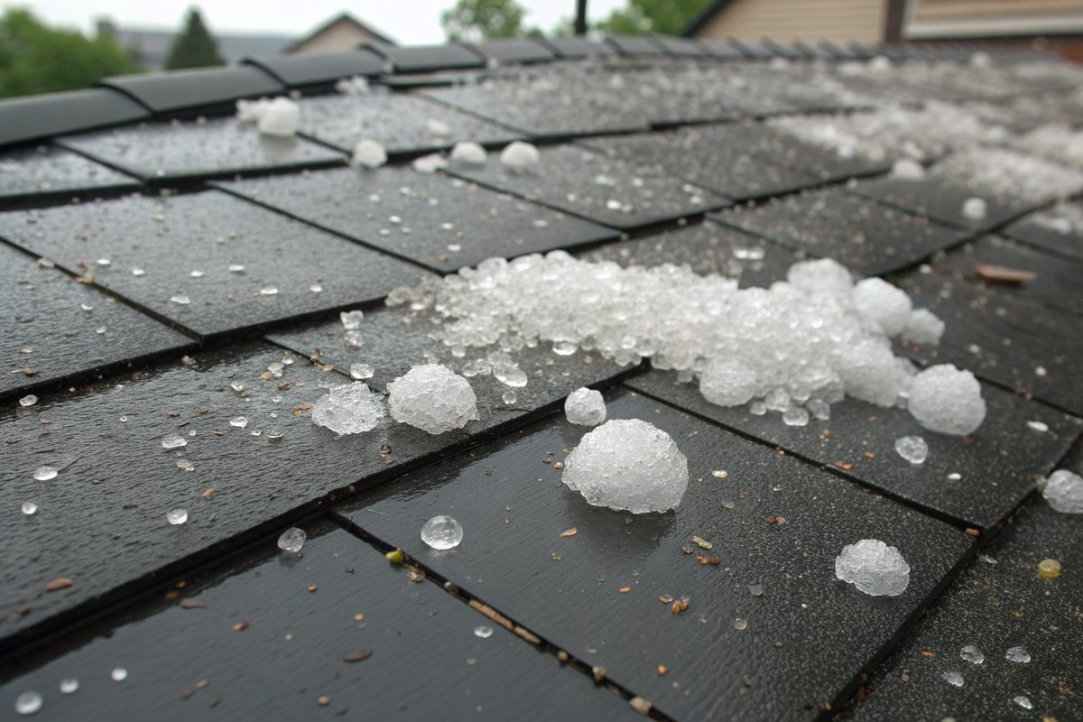 Hailstones scattered across wet black architectural shingles after a storm