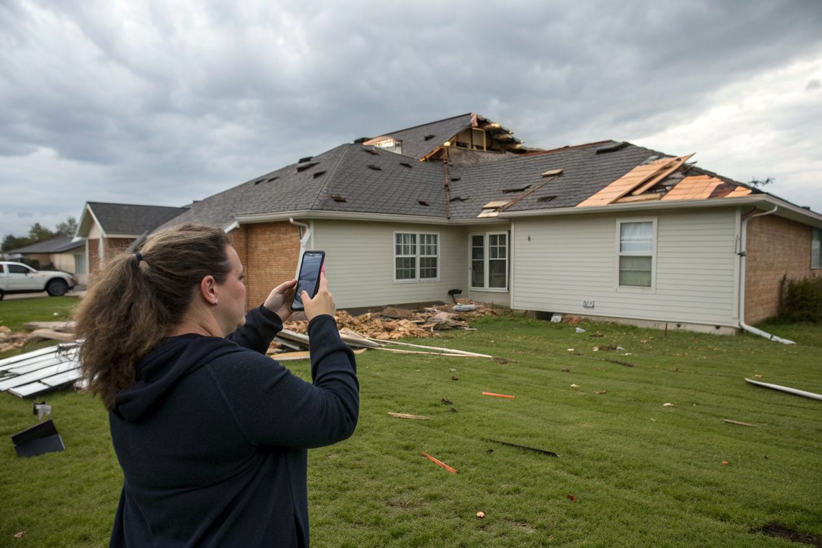 A homeowner photographing storm damage on her roof with a phone from the lawn