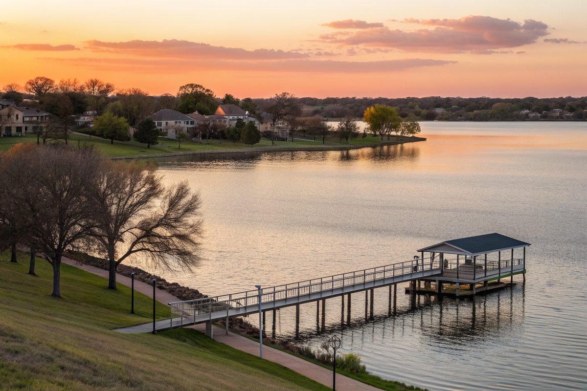 A covered fishing pier on a wide calm lake at sunset with homes along the far shore