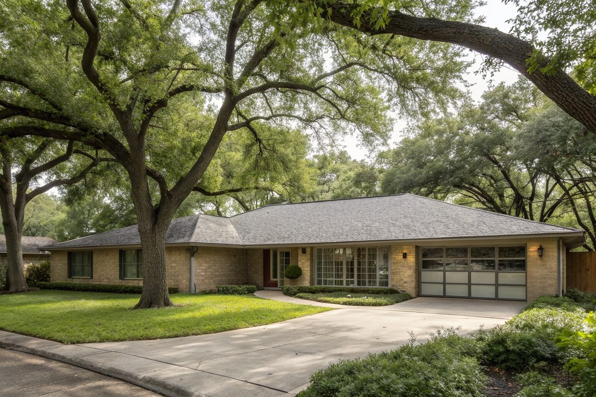 A mid-century brick ranch house with a long low gray shingle roof and shade trees