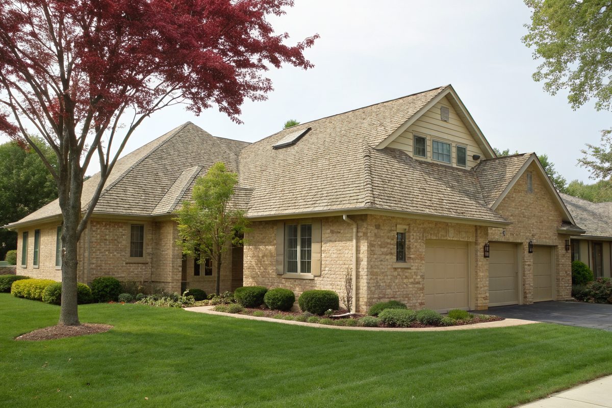 A tan brick home with a new weathered-wood shingle roof and a young red-leaf tree