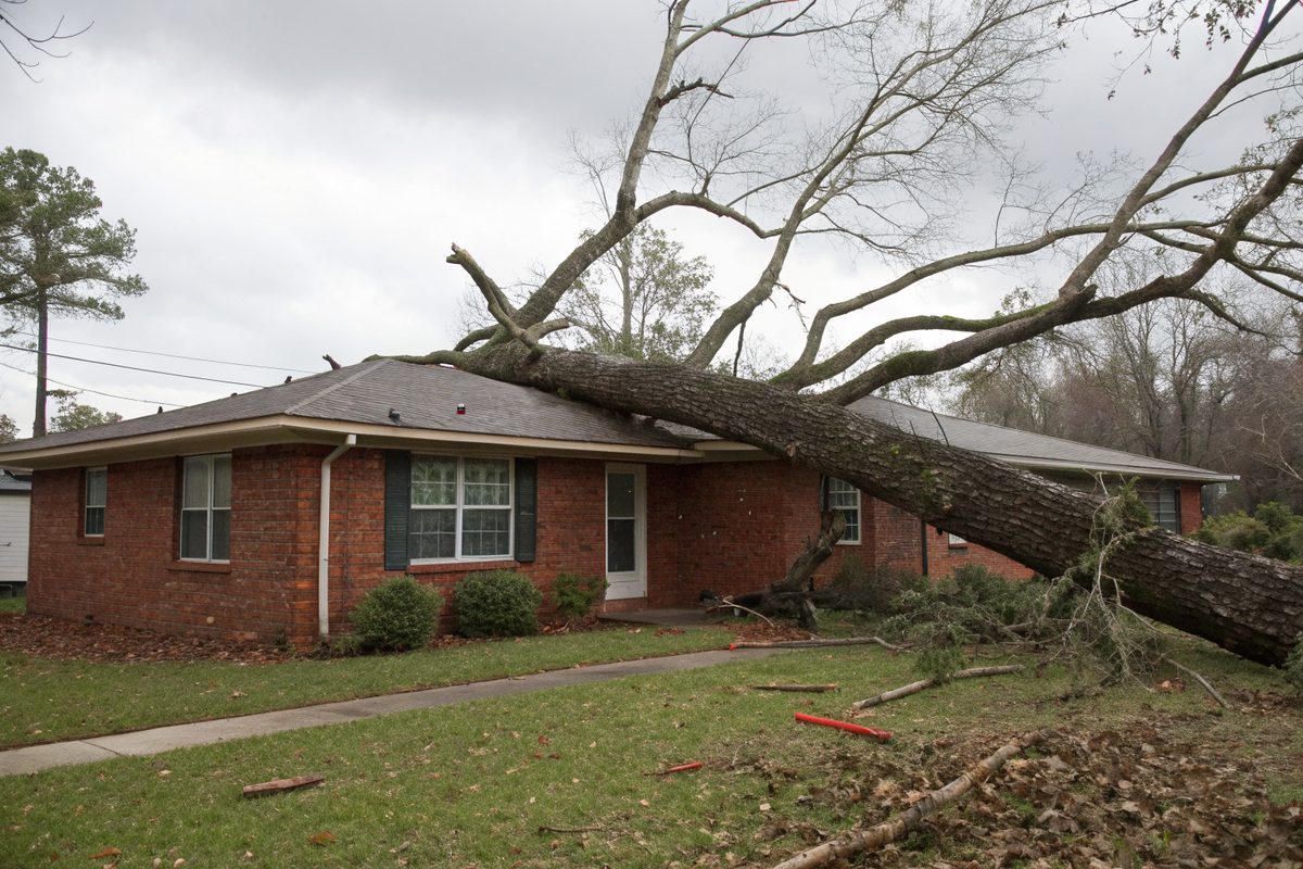 A fallen oak limb lying across the roof of a red-brick ranch house after a windstorm