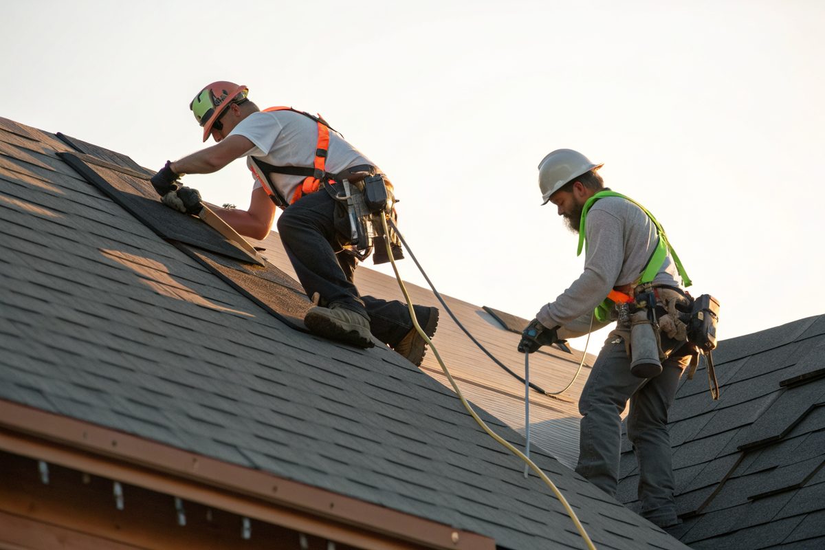 Two roofers in safety harnesses nailing new charcoal shingles on a sunny day