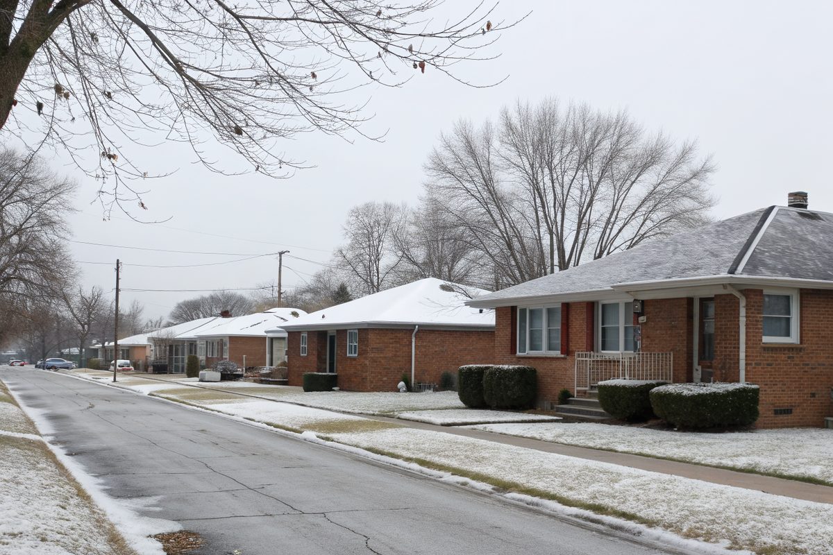 A thin layer of snow on the roofs and lawns of a street of brick ranch houses