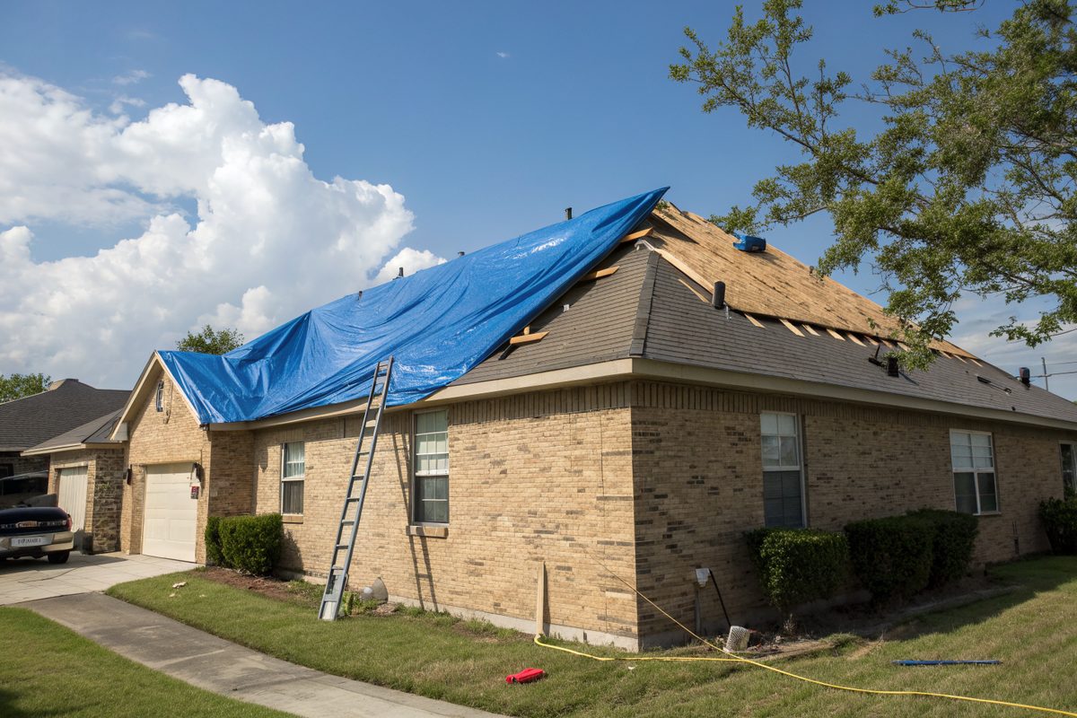 A blue tarp held down with boards over a damaged section of a tan brick home's roof