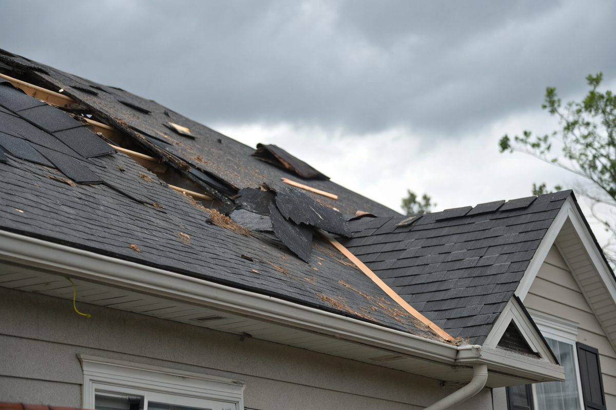 Wind-torn asphalt shingles near a roof ridge with the underlayment showing